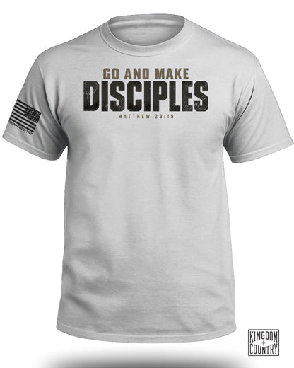 Light gray short-sleeve t-shirt with Go and Make Disciples printed on the chest.
