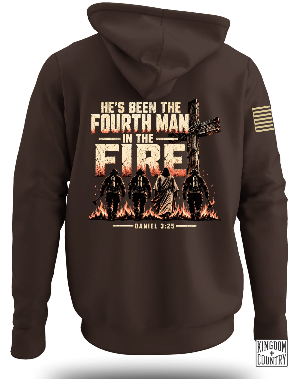 Brown hoodie with graphic depicting Jesus and firefighters walking through fire.