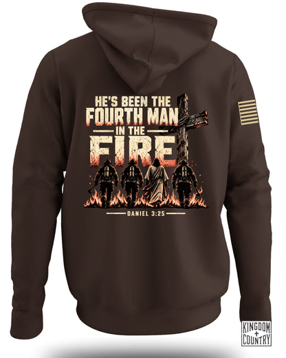 Brown hoodie with graphic depicting Jesus and firefighters walking through fire.