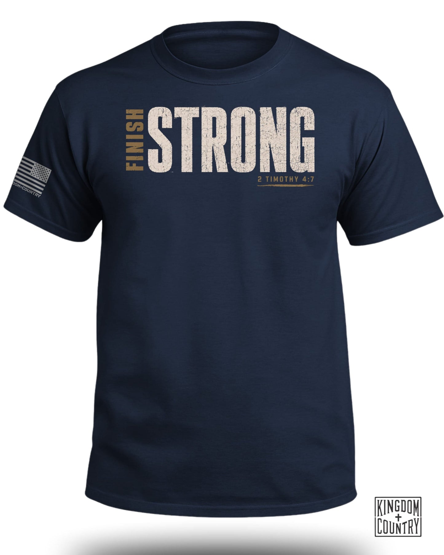 Navy t-shirt with "FINISH STRONG" and "2 TIMOTHY 4:7" text.