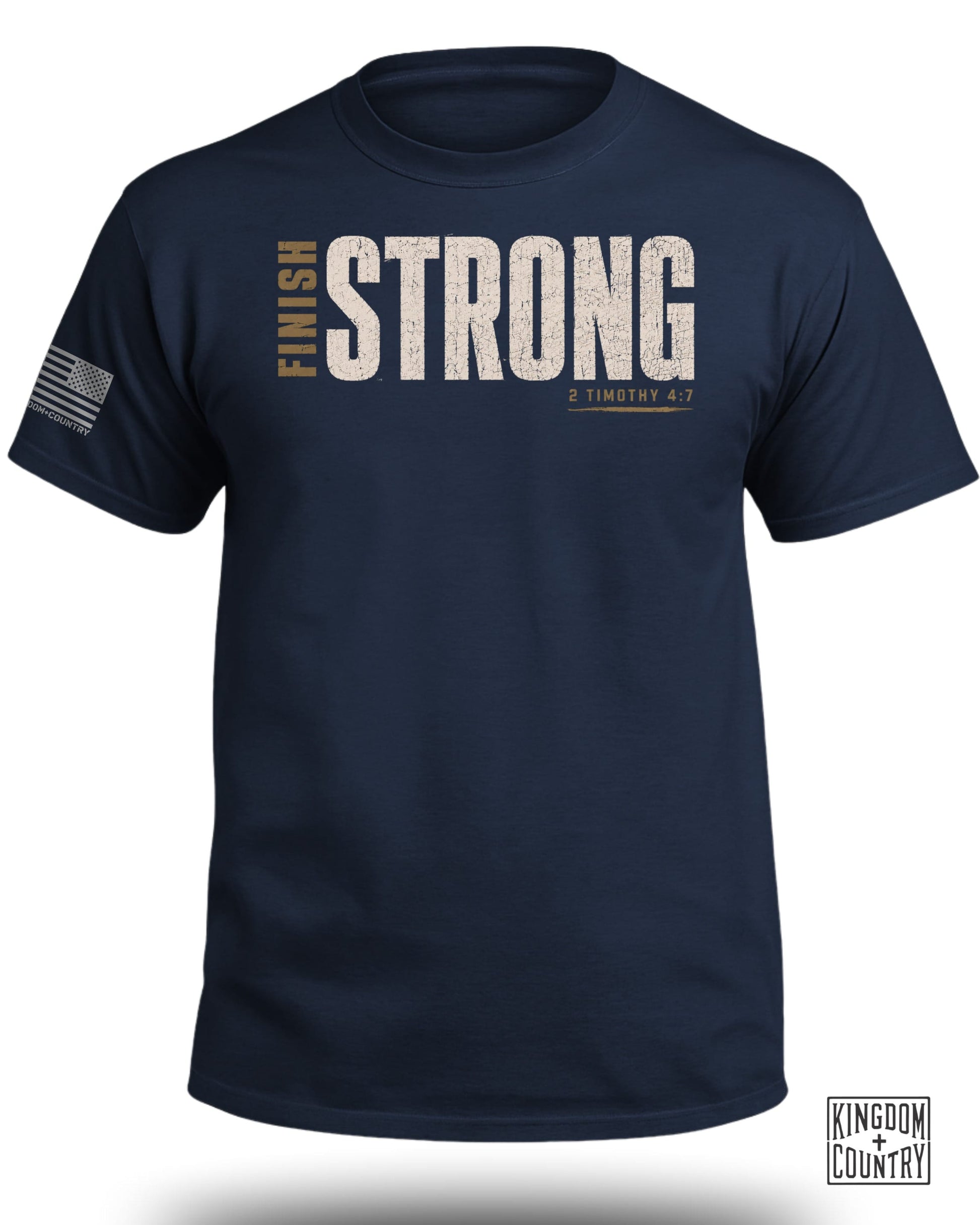 Navy t-shirt with "FINISH STRONG" and "2 TIMOTHY 4:7" text.