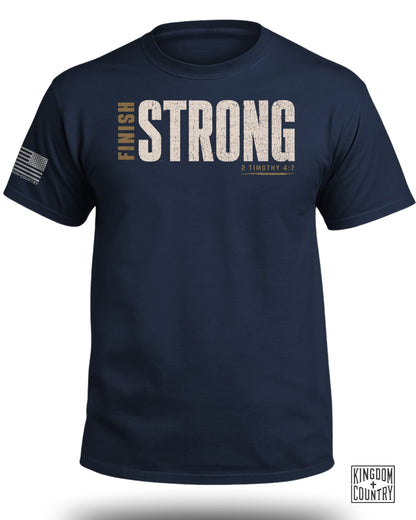 Navy t-shirt with "FINISH STRONG" and "2 TIMOTHY 4:7" text.