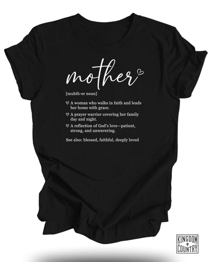 Black t-shirt with white text defining "mother" and a "Kingdom Country" logo.