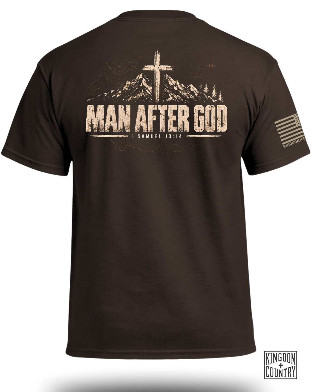 Brown t-shirt with mountains, a cross, and "MAN AFTER GOD 1 SAMUEL 13:14" graphic.