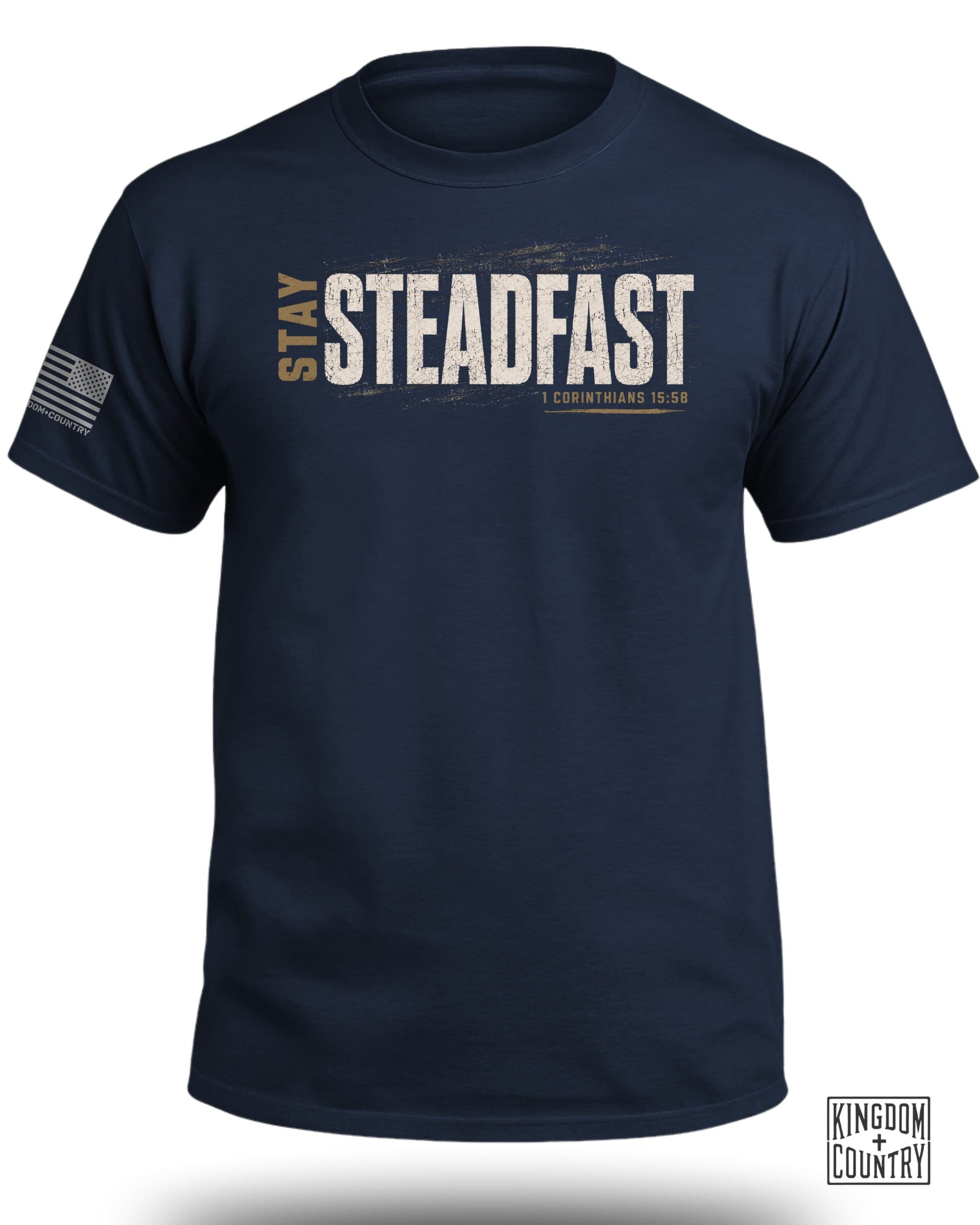 Navy t-shirt with "STAY STEADFAST" graphic and "1 Corinthians 15:58".