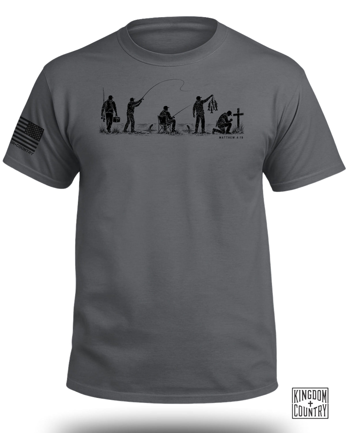 T-shirt with graphic of fishing progression, including Matthew 4:19.