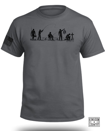 T-shirt with graphic of fishing progression, including Matthew 4:19.