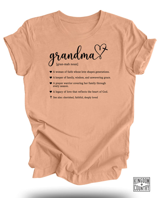 Grandma noun definition with heartwarming phrases and Kingdom Country logo.