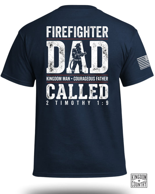 Navy t-shirt with "Firefighter Dad" text and Bible verse.
