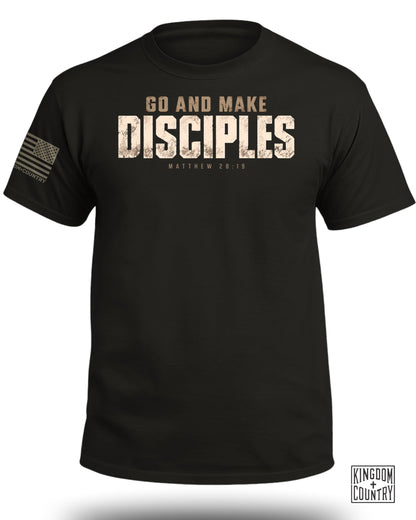 Black t-shirt featuring the distressed text "Go and Make Disciples Matthew 28:19" and a flag on the sleeve.