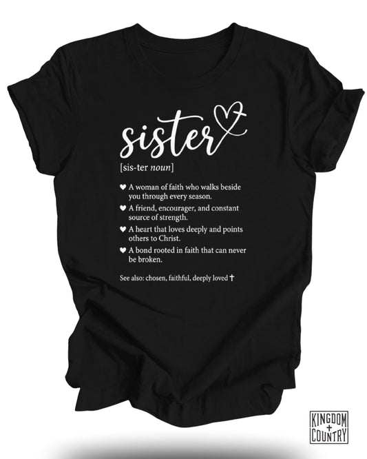 Black t-shirt with "sister" in script and definition on front.