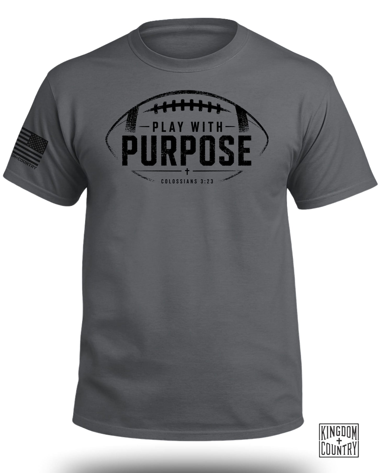 Dark grey t-shirt with a distressed football graphic and "PLAY WITH PURPOSE" text.