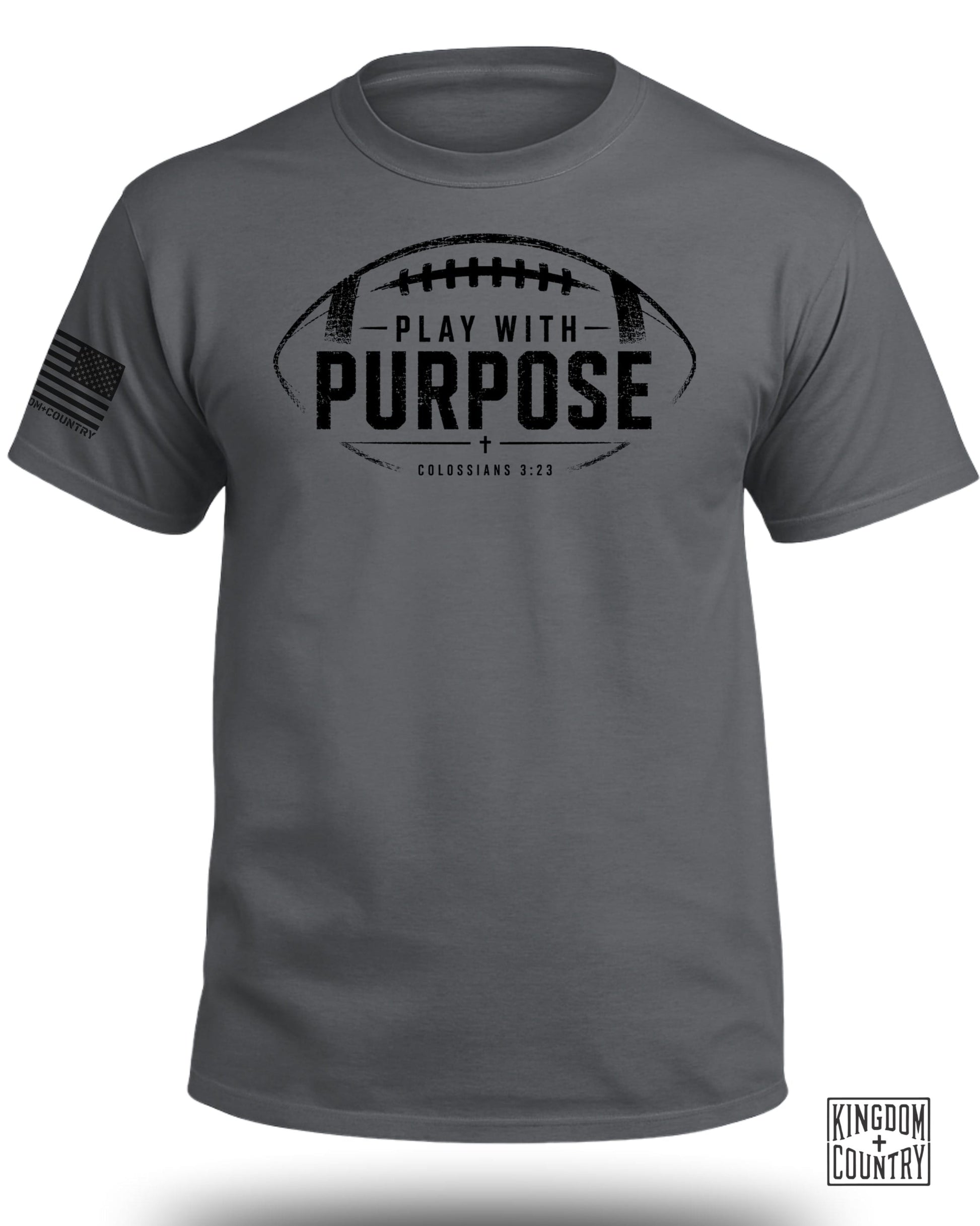 Dark grey t-shirt with a distressed football graphic and "PLAY WITH PURPOSE" text.