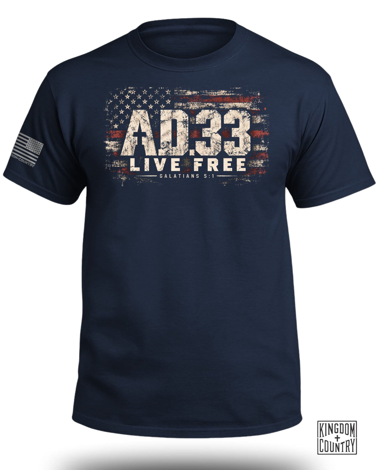 Navy blue crewneck t-shirt featuring a distressed American flag graphic, AD 33, and Live Free text.