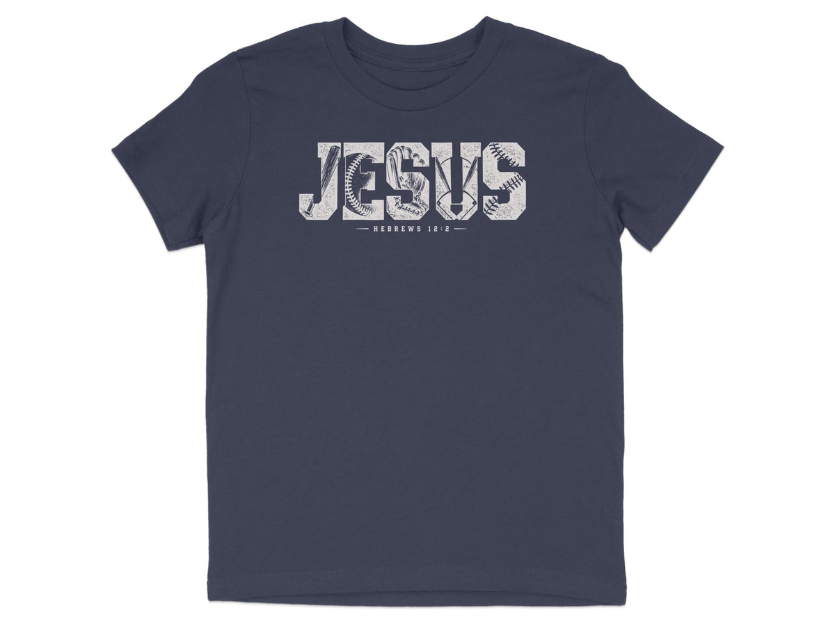 Dark blue t-shirt with white distressed graphic "JESUS" made of baseball elements and "HEBREWS 12:2" text.
