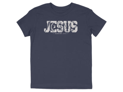 Dark blue t-shirt with white distressed graphic "JESUS" made of baseball elements and "HEBREWS 12:2" text.