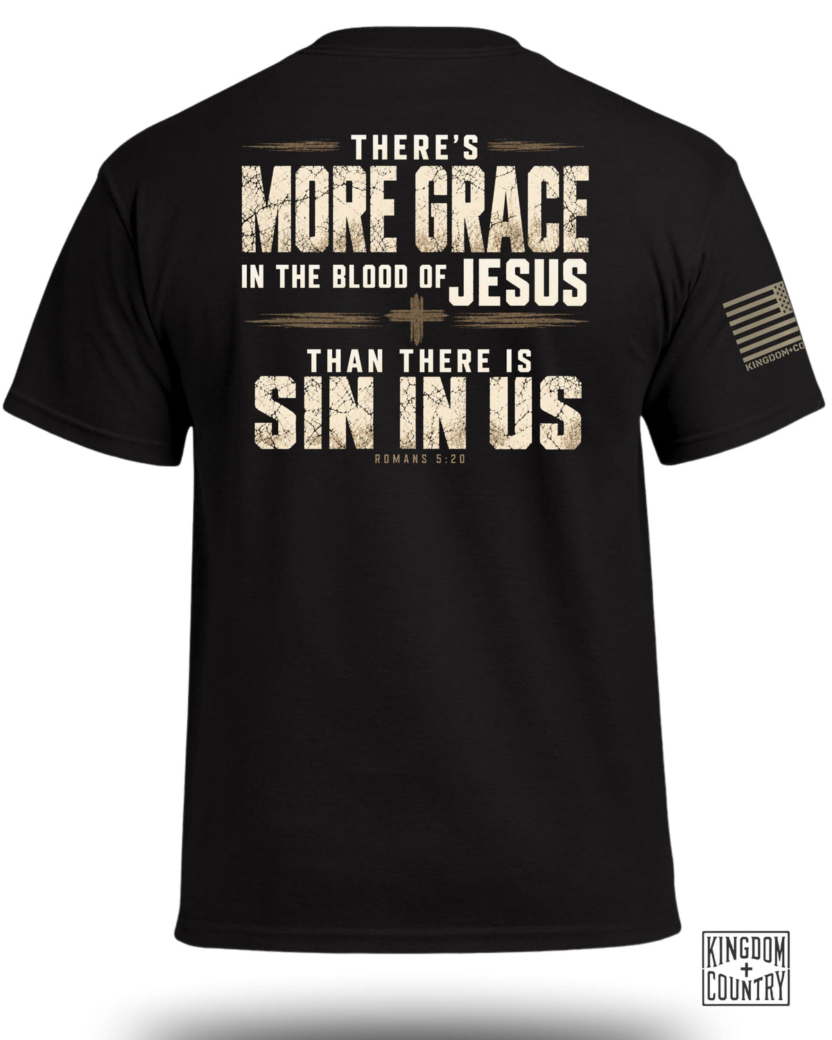 Black t-shirt displaying religious text on the back and an American flag patch on the sleeve.