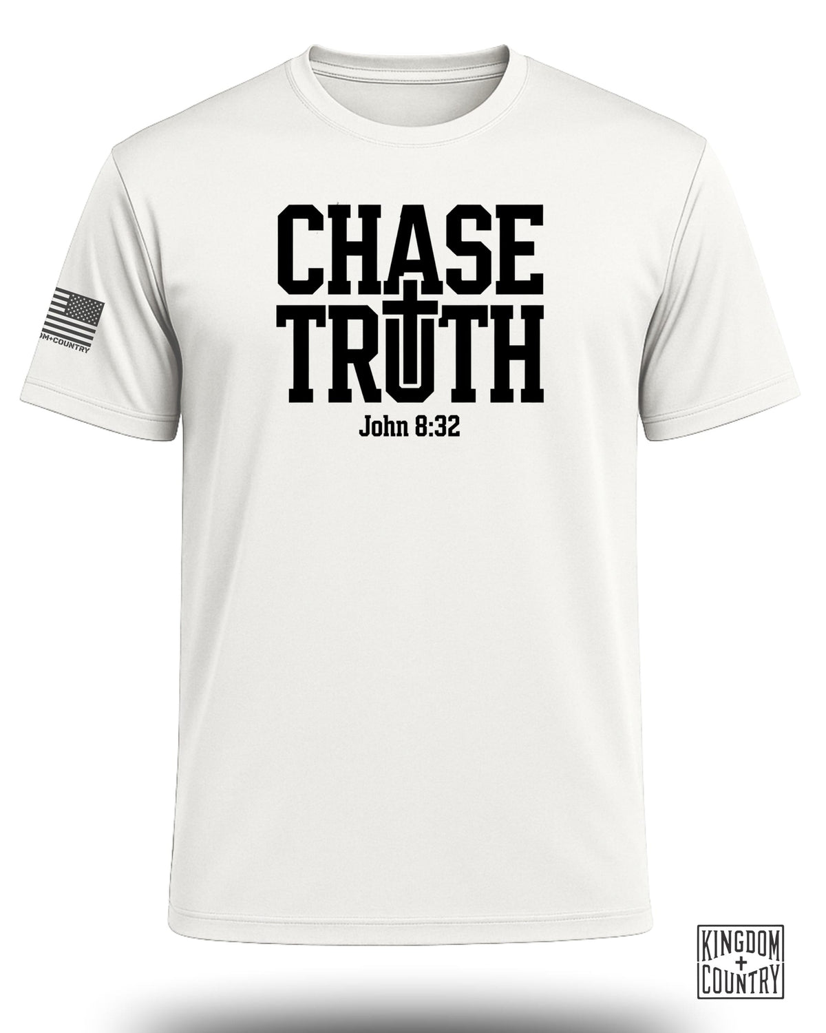 White t-shirt with black text "CHASE TRUTH John 8:32" and American flag logo.