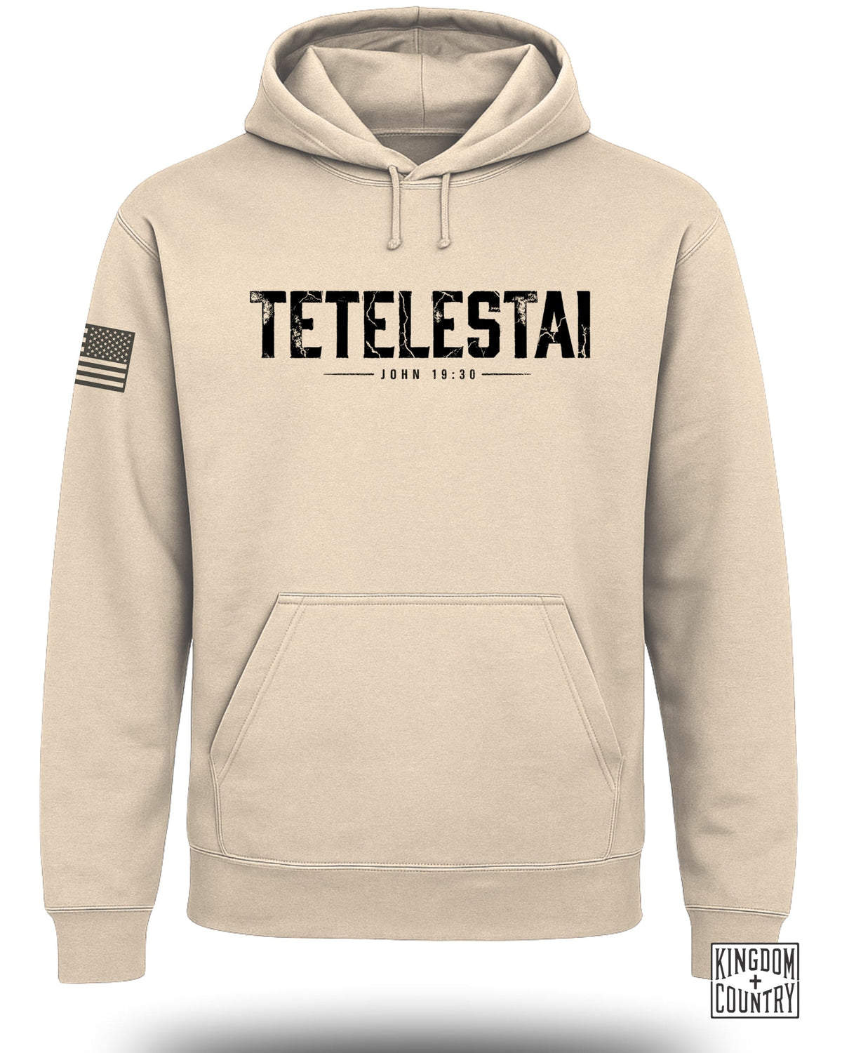 Tan hoodie with "TETELËSTAI JOHN 19:30" text and American flag patch.