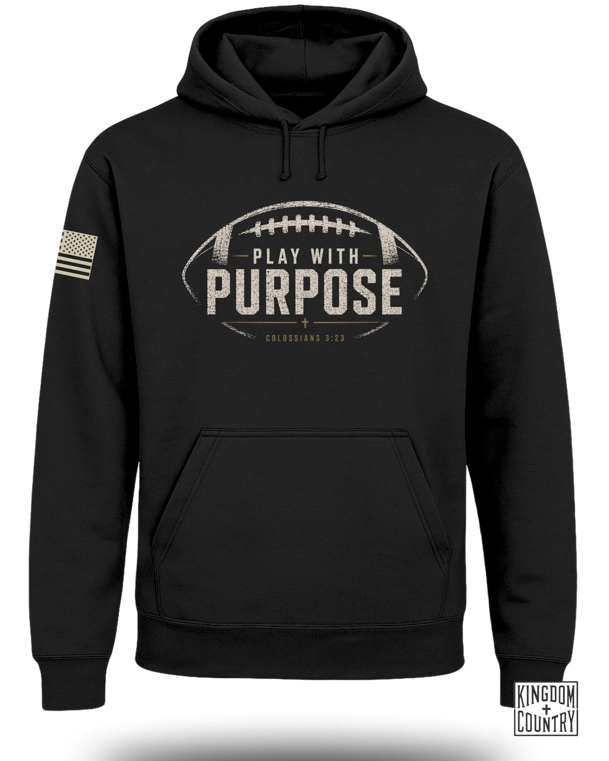 Black hoodie with distressed football graphic: "Play With Purpose" and "Colossians 3:23".