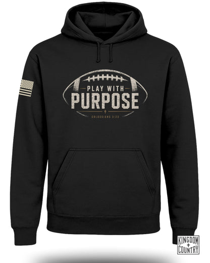 Black hoodie with distressed football graphic: "Play With Purpose" and "Colossians 3:23".