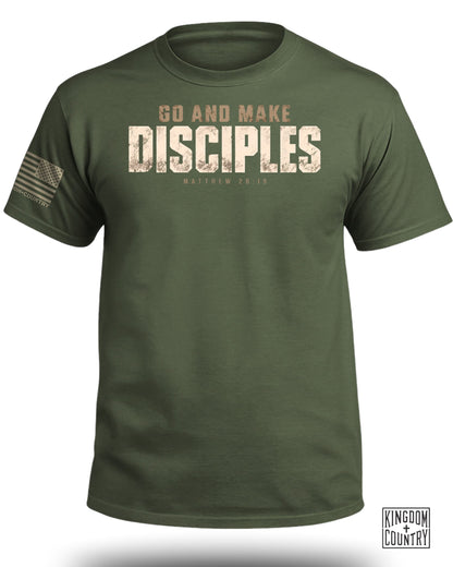 Olive green crewneck t-shirt featuring the distressed text GO AND MAKE DISCIPLES MATTHEW 28:19.