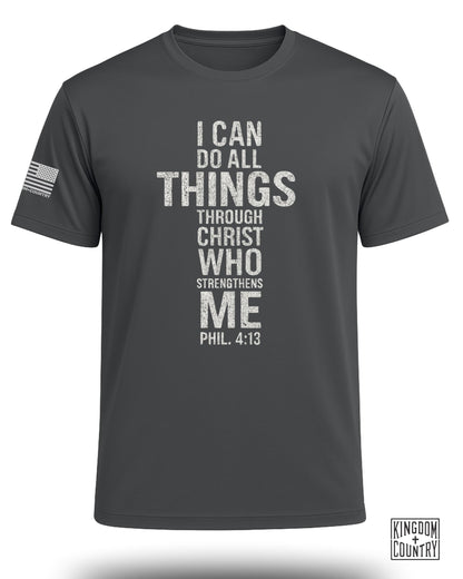 Dark grey t-shirt with "I CAN DO ALL THINGS THROUGH CHRIST WHO STRENGTHENS ME PHIL. 4:13" and American flag detail.
