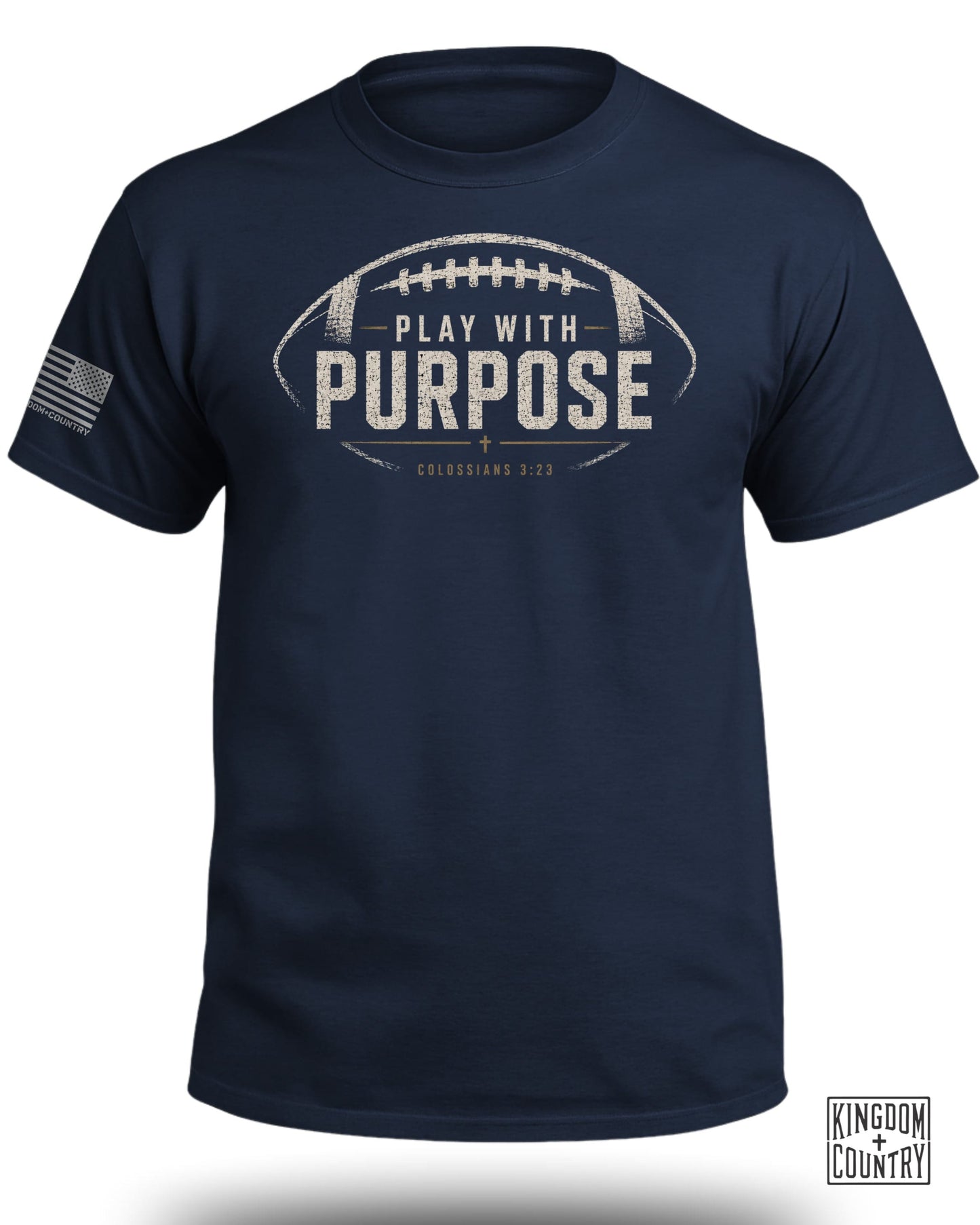 Navy t-shirt with football graphic, "PLAY WITH PURPOSE," and "COLOSSIANS 3:23."