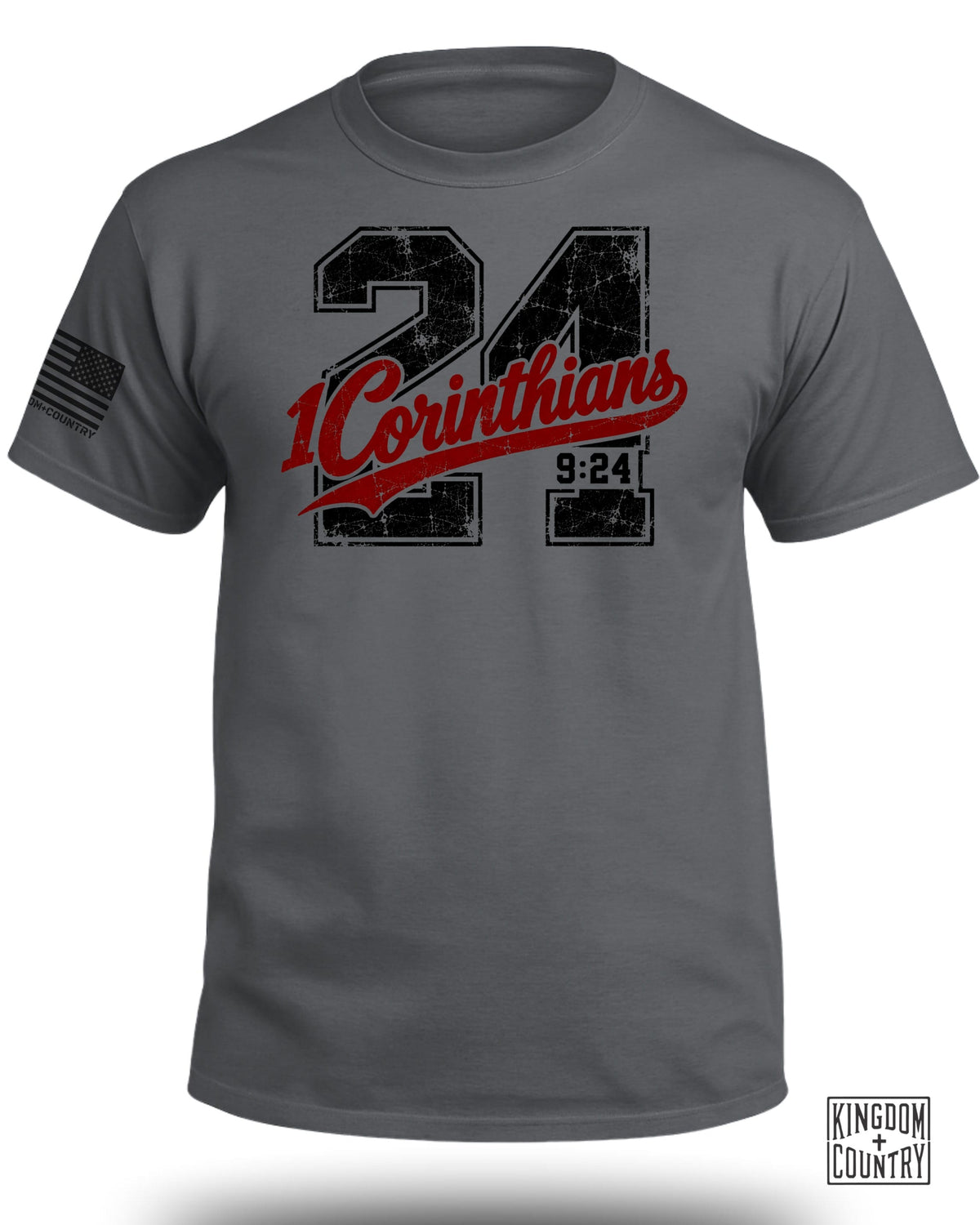 Grey t-shirt with distressed 24, 1 Corinthians 9:24 graphic and US flag.