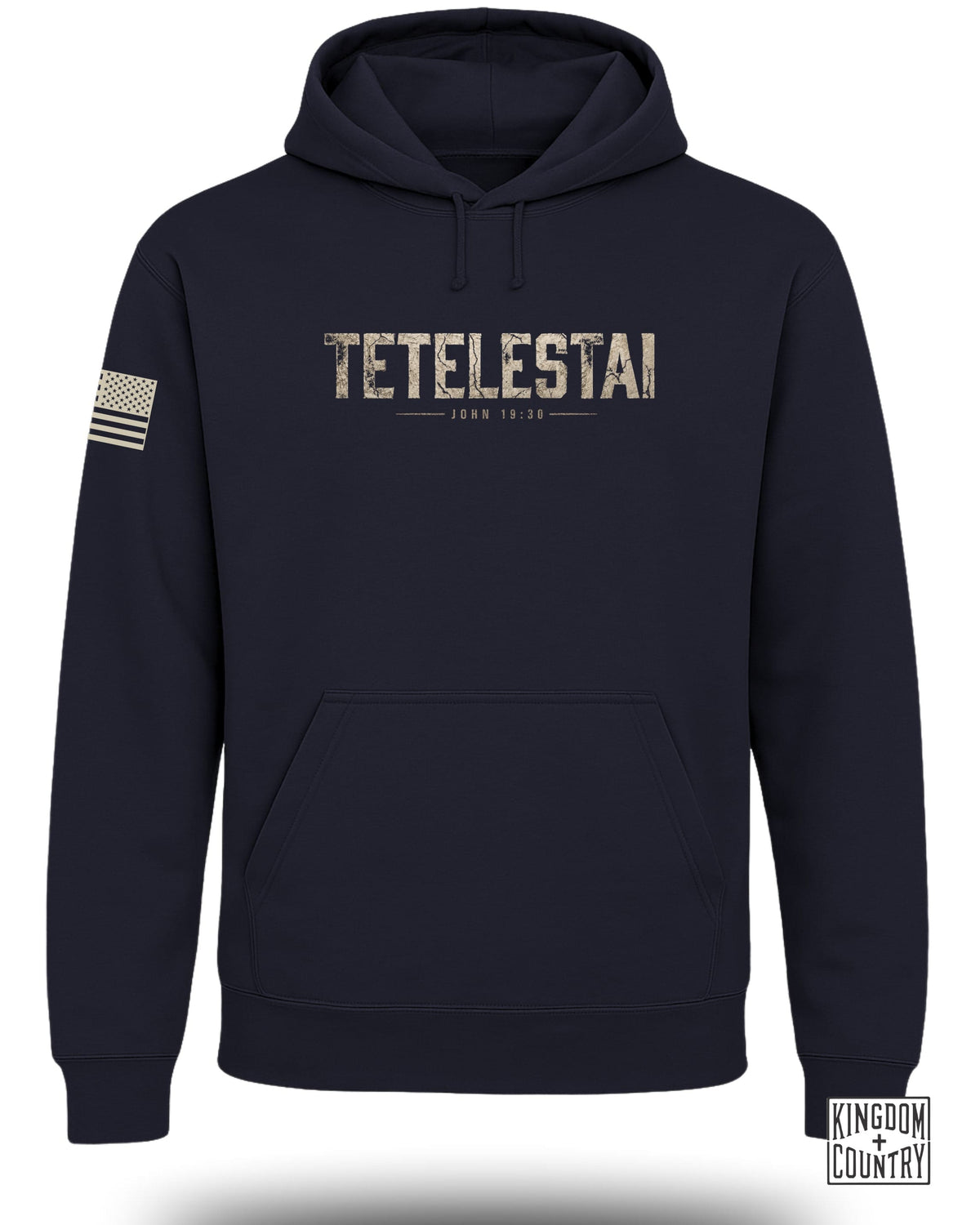 Navy hoodie with "TETELSESTAI JOHN 19:30" text and American flag patch.
