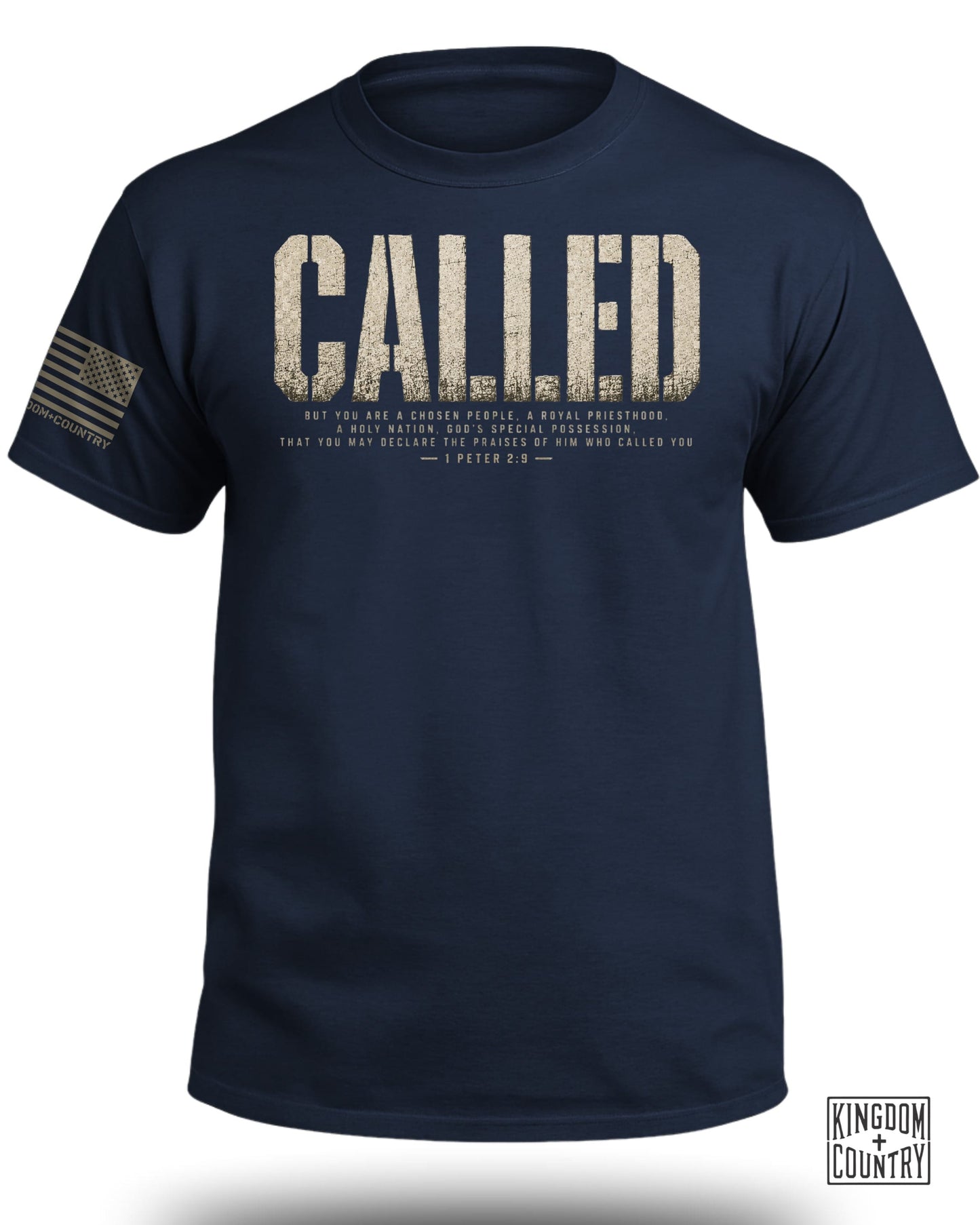 Navy t-shirt with "CALLED" text and biblical verse 1 Peter 2:9.