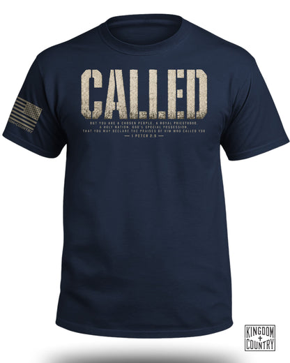 Navy t-shirt with "CALLED" text and biblical verse 1 Peter 2:9.