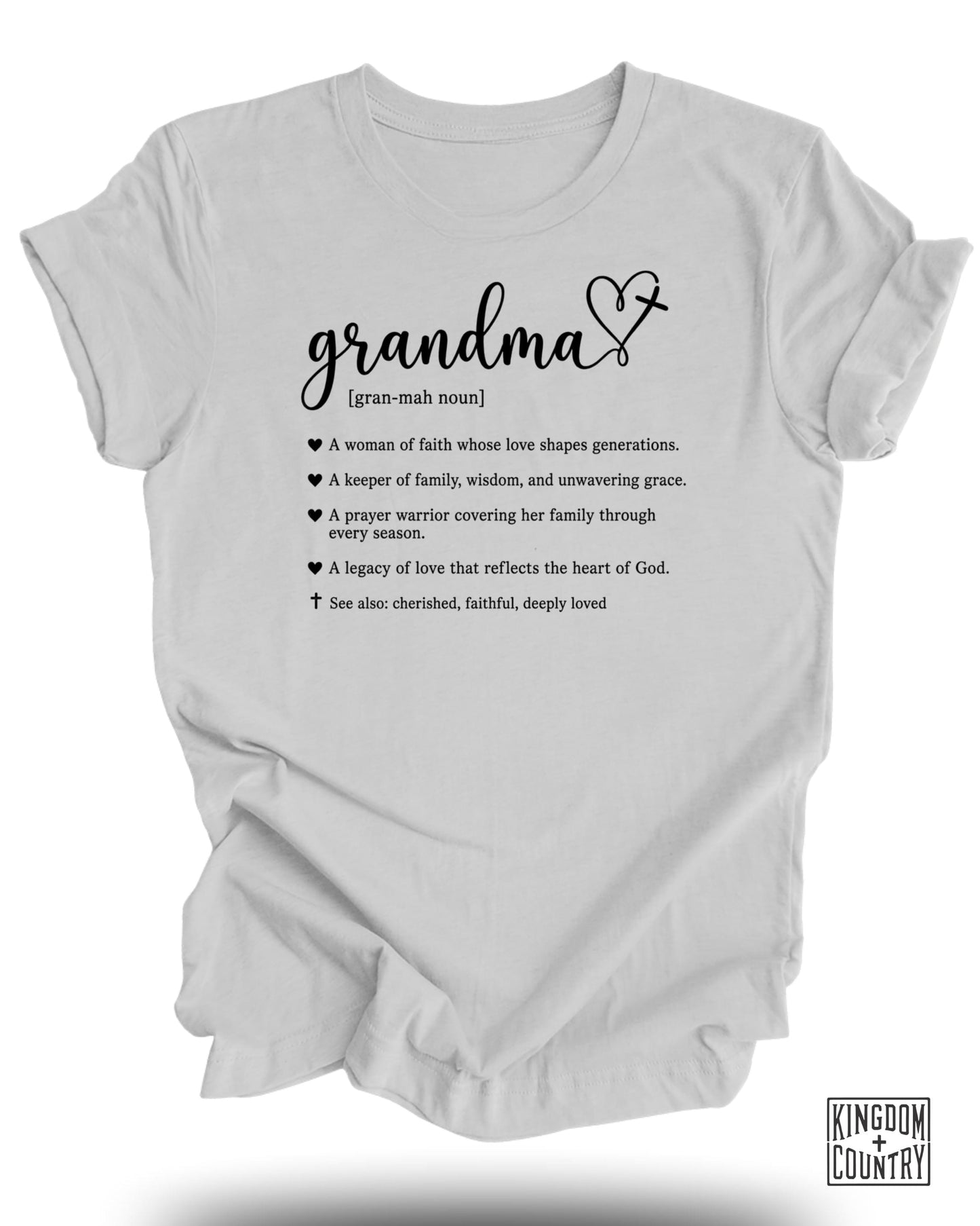 White t-shirt with "Grandma" definition and attributes, Kingdom Country logo.