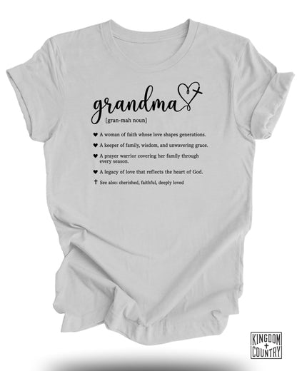 White t-shirt with "Grandma" definition and attributes, Kingdom Country logo.