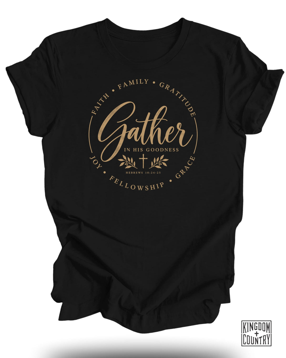 Black t-shirt with "Gather in His Goodness" and scripture verse.