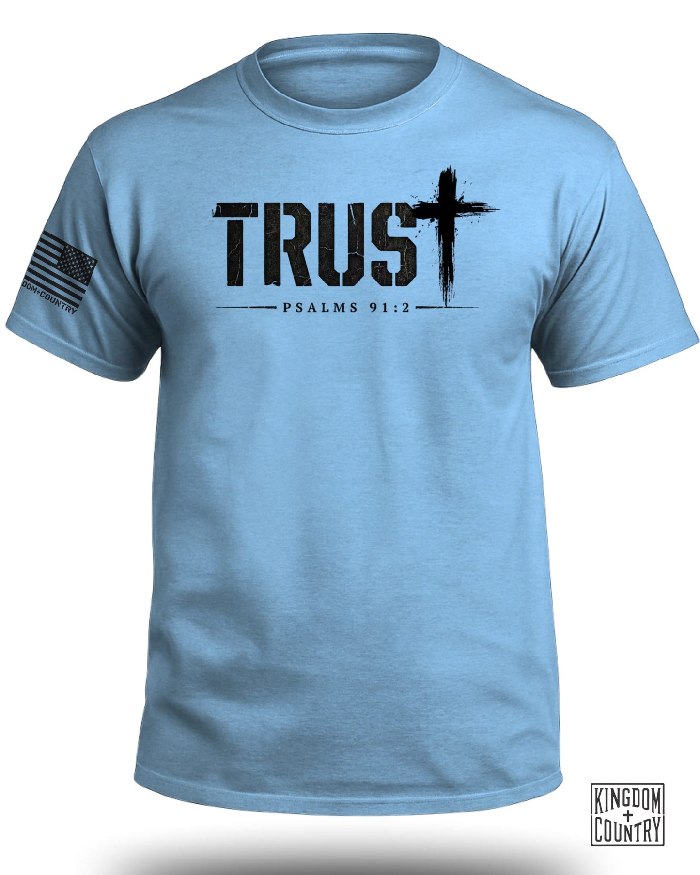 Light blue t-shirt with "TRUST PSALMS 91:2" and a cross graphic.