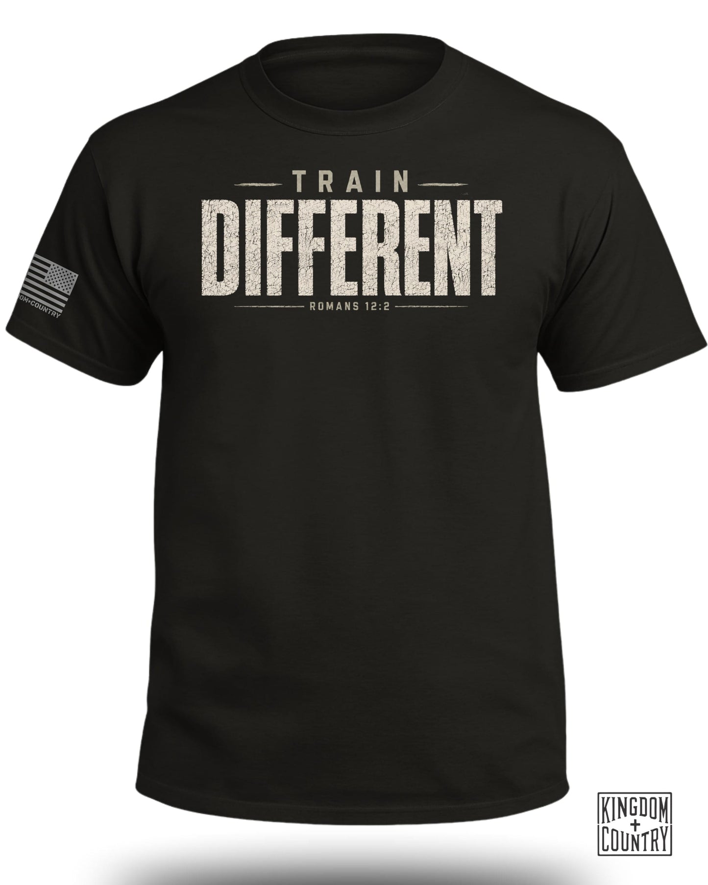 Black t-shirt with "TRAIN DIFFERENT ROMANS 12:2" and American flag graphic.