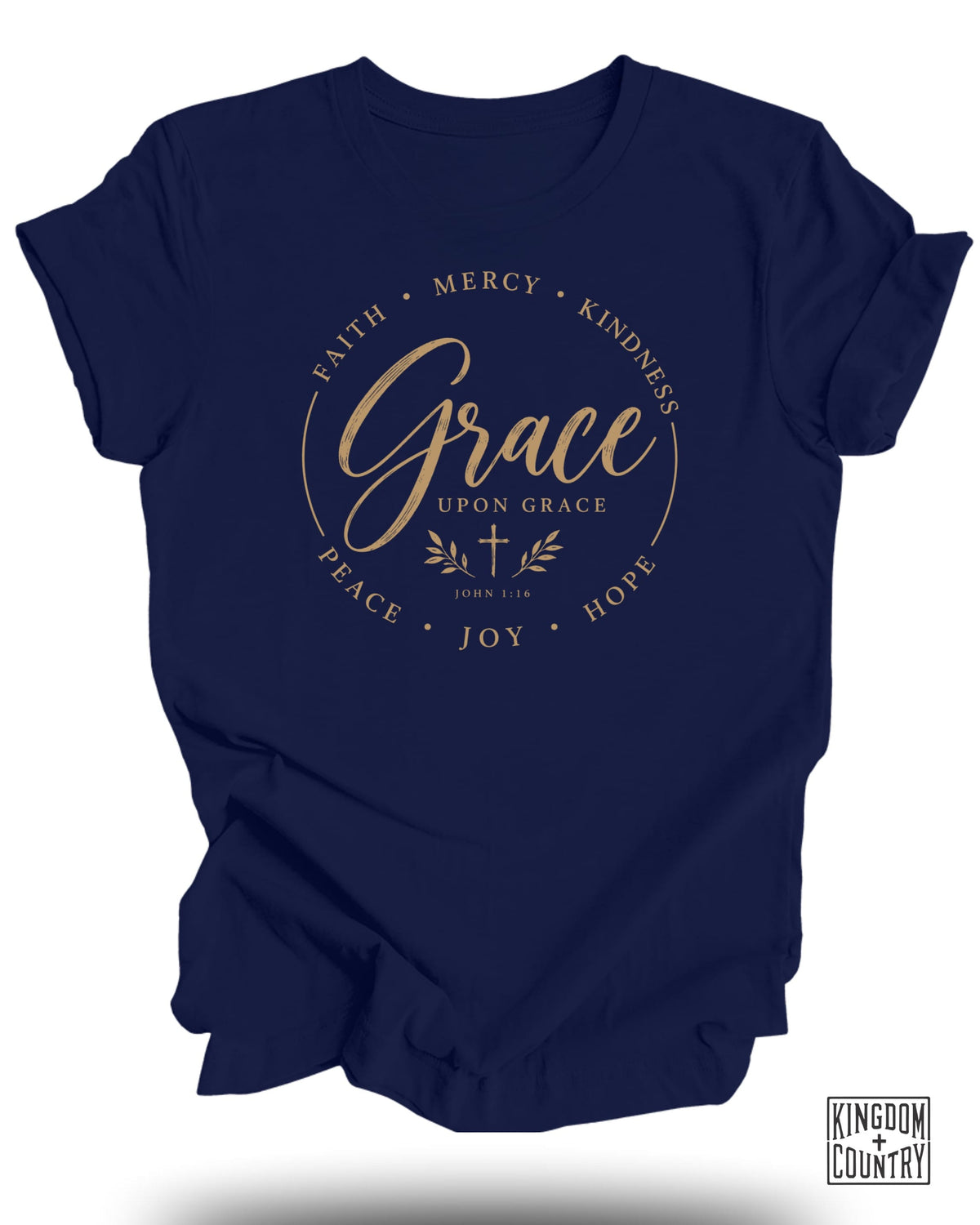 Navy t-shirt with "Grace Upon Grace" and "John 1:16" text, surrounded by Faith, Mercy, Kindness, Hope, Joy, Peace.