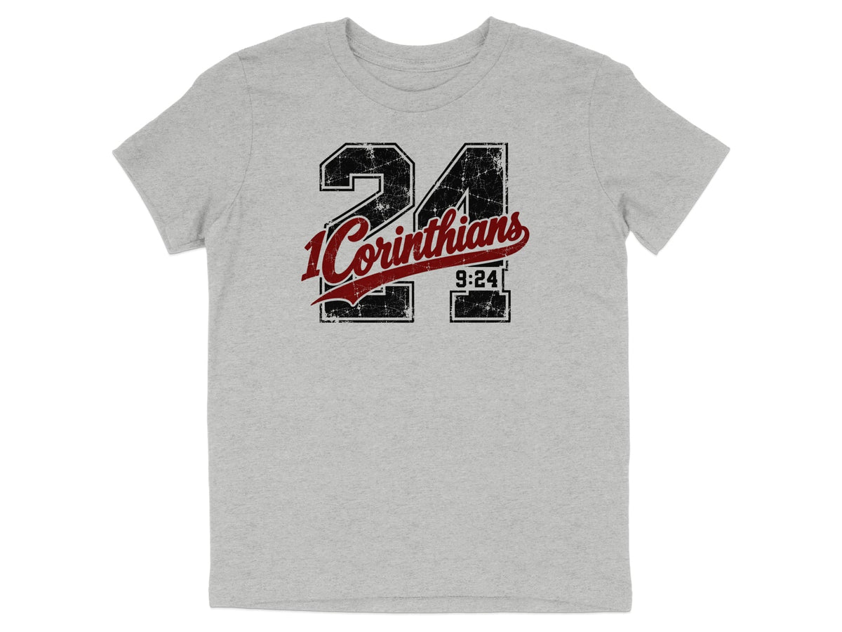 Grey t-shirt with "24" and "1 Corinthians 9:24" graphic.