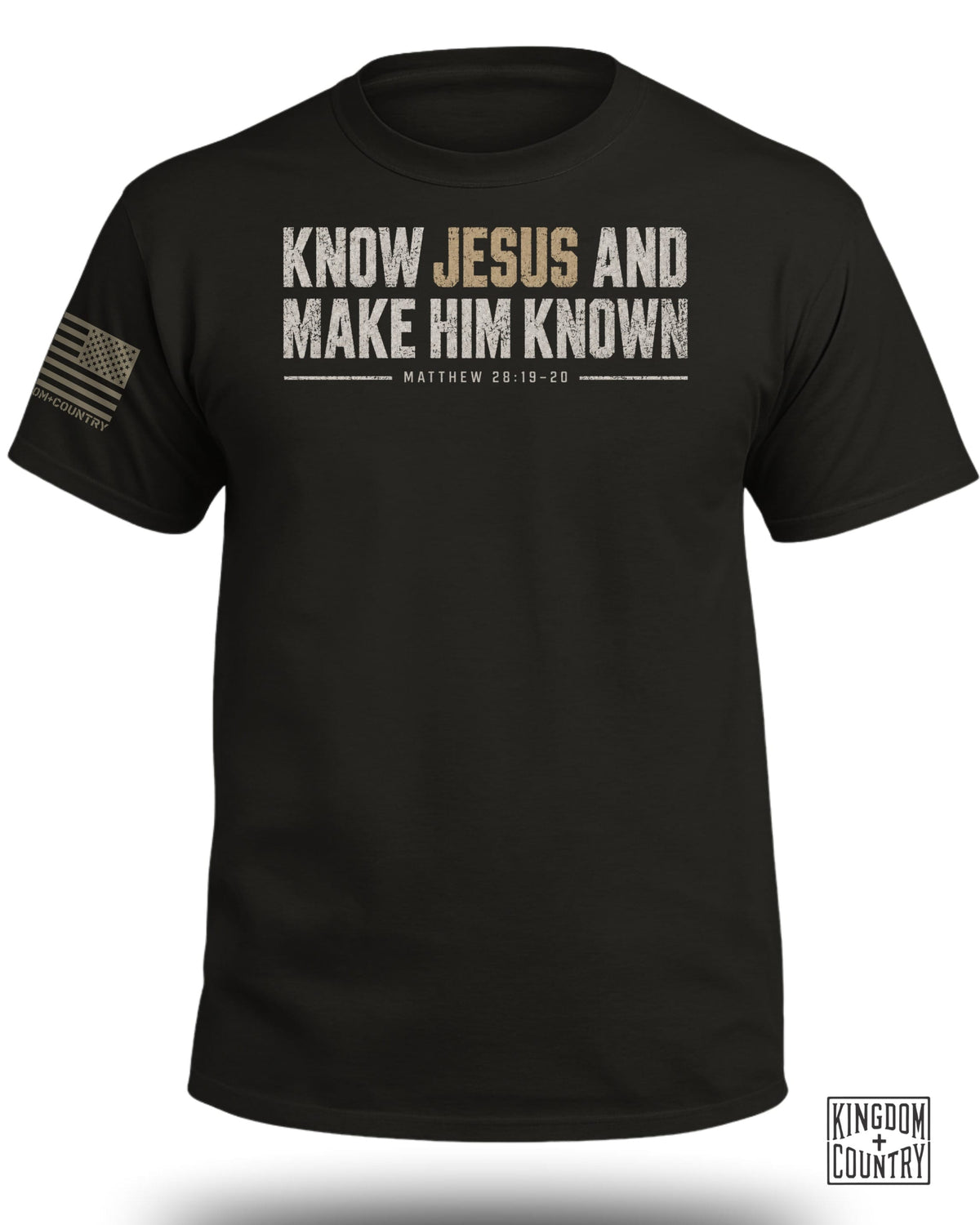 Black t-shirt with text "Know Jesus and Make Him Known" and "Matthew 28:19-20".