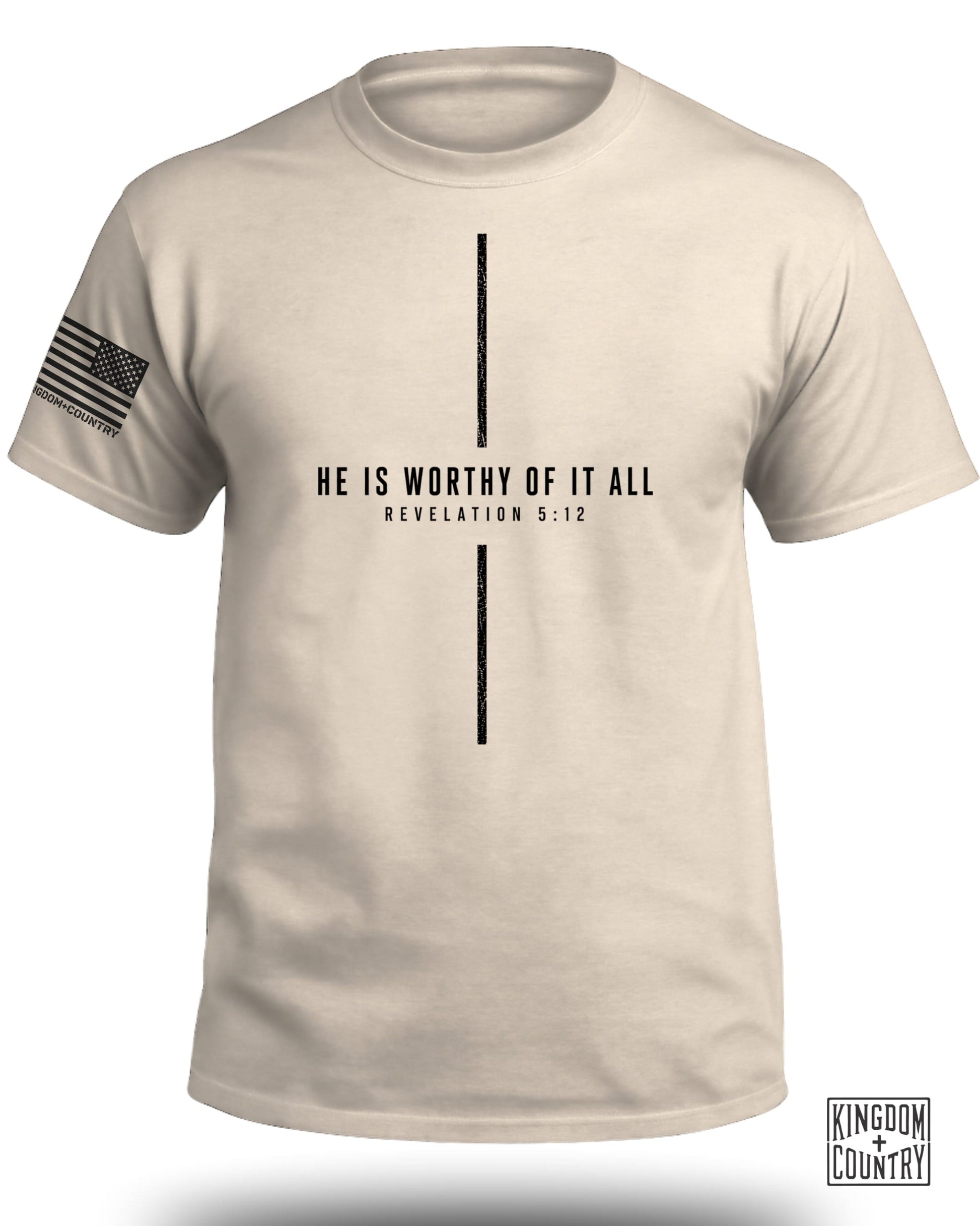 Light tan t-shirt with "HE IS WORTHY OF IT ALL REVELATION 5:12" and US flag graphic.