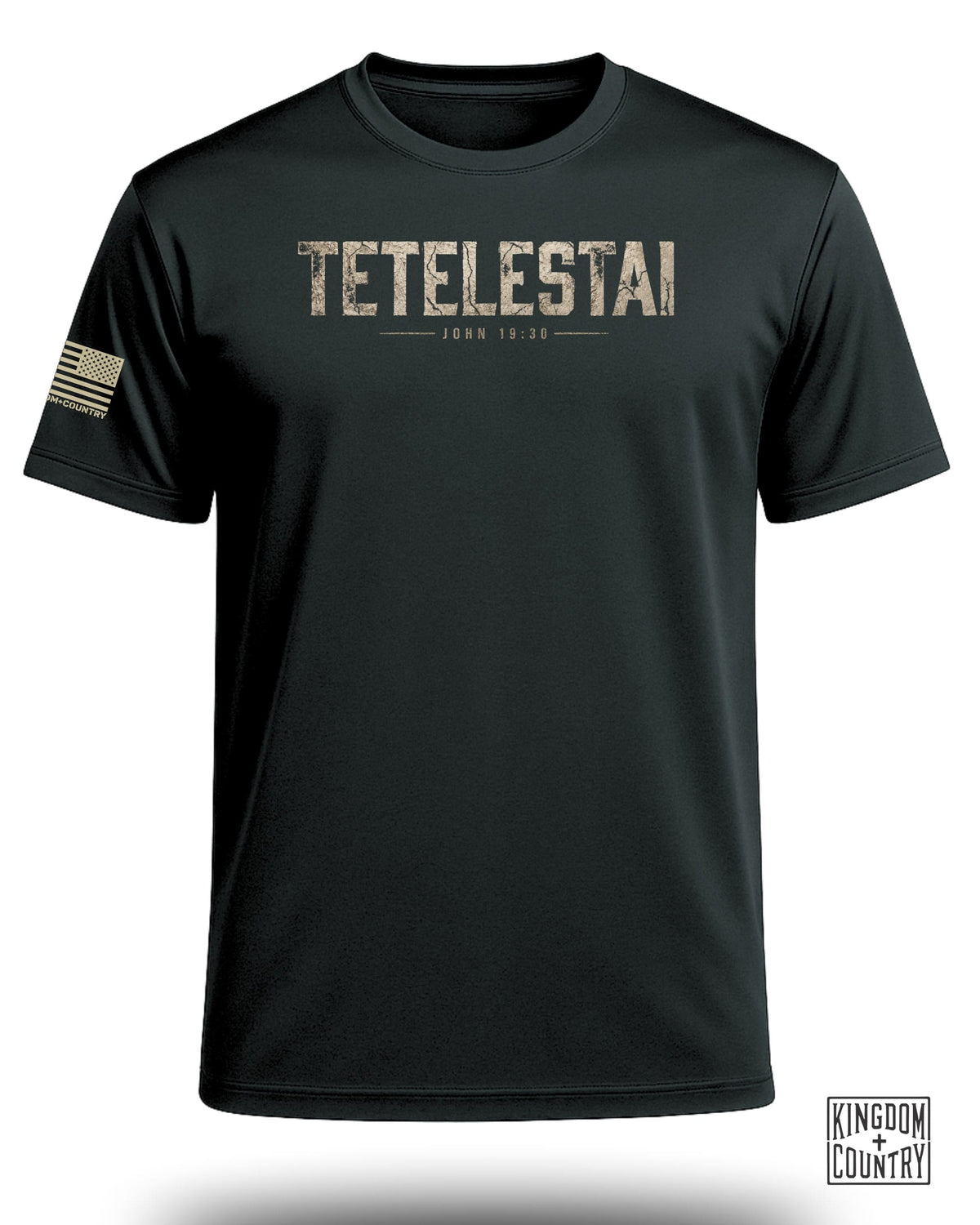 Black t-shirt with "TETEL-ESTAI" and "JOHN 19:30" text, US flag patch.