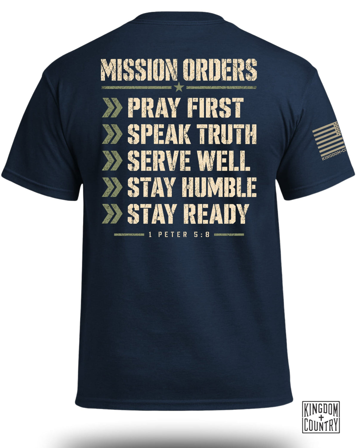Navy t-shirt with "Mission Orders" and "1 Peter 5:8" text, and an American flag patch.