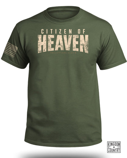Green t-shirt with "CITIZEN OF HEAVEN" and "PHILIPPIANS 3:20" text.