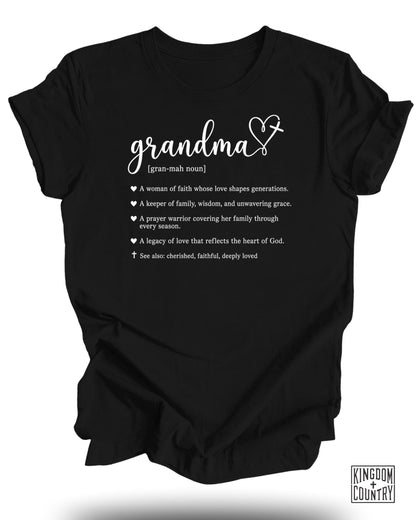 Black t-shirt with "Grandma [gran-mah noun]" and its definition.
