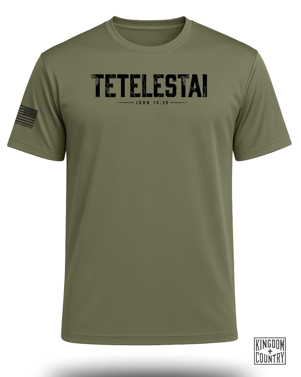 Olive green t-shirt with "TETELESTAI JOHN 19:30" graphic and US flag.