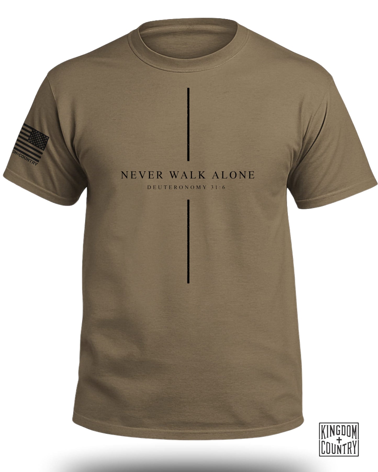 Tan t-shirt with "Never Walk Alone Deuteronomy 31:6" and flag graphic.