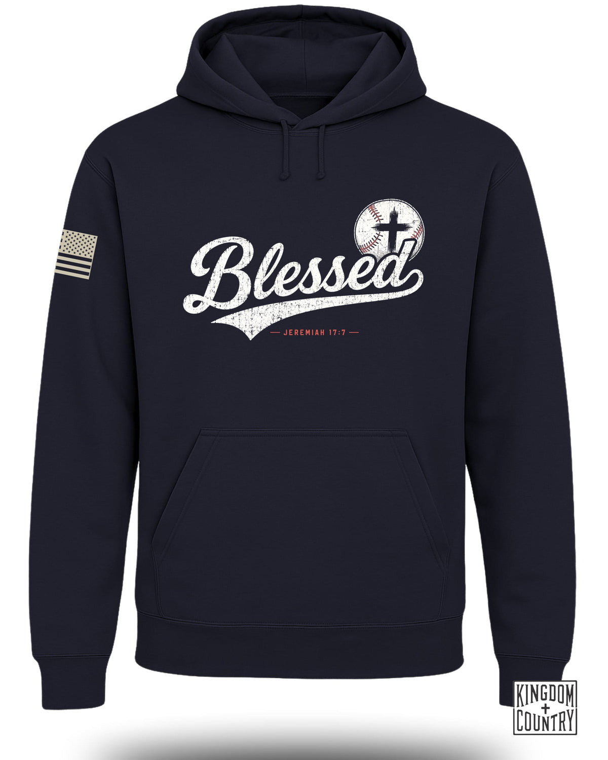 Navy blue hooded sweatshirt featuring the word Blessed, a baseball with a cross, and an American flag patch on the sleeve.