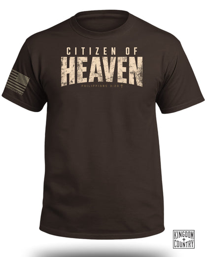 Brown t-shirt with "Citizen of Heaven" and Philippians 3:20 text.