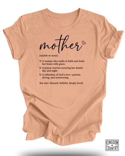 Peach t-shirt with "mother" definition and Kingdom Country logo.